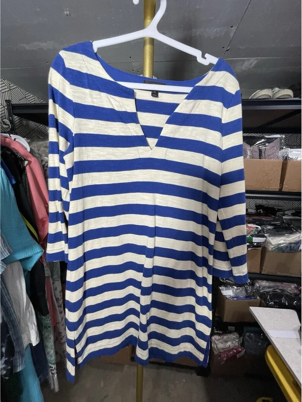 J.Crew Womens Blue Off White Striped Cotton Tunic Dress Split Neck 3/4 Sleeve XS